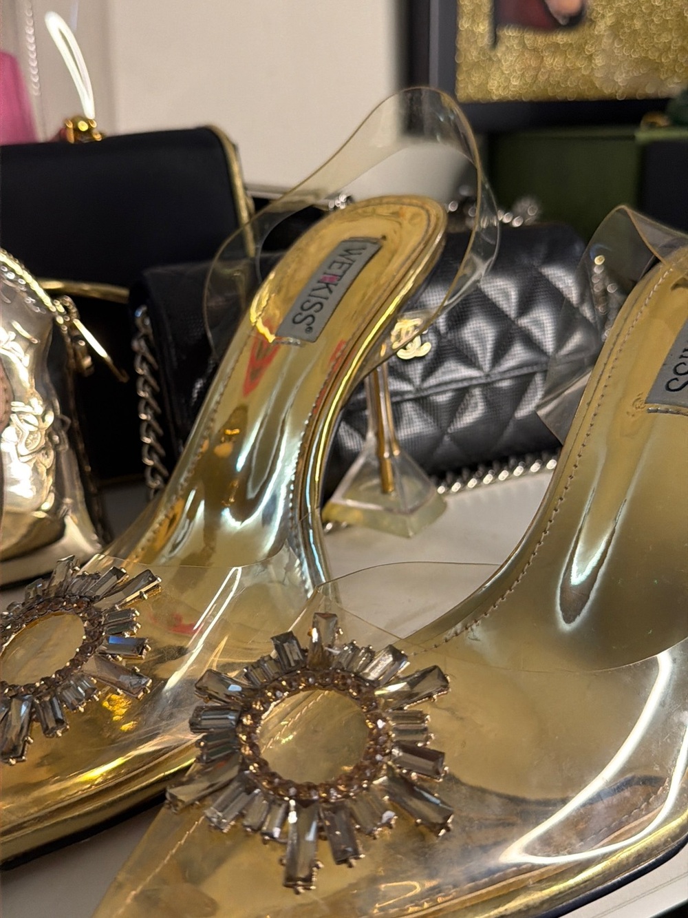Amina Inspired Gold Clear Embellished Mule Heels for Women